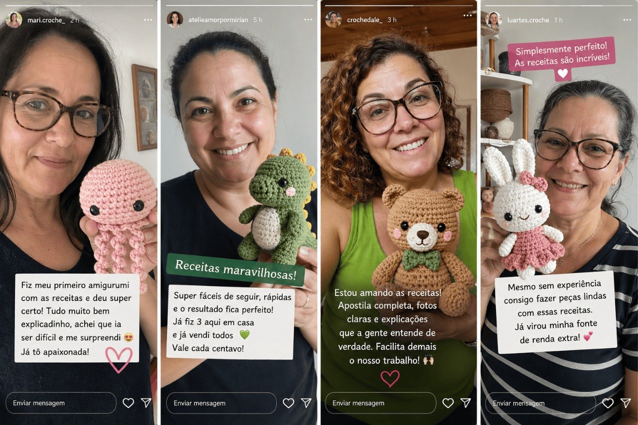 Depoimentos de clientes nos stories do Instagram mostrando seus amigurumis prontos