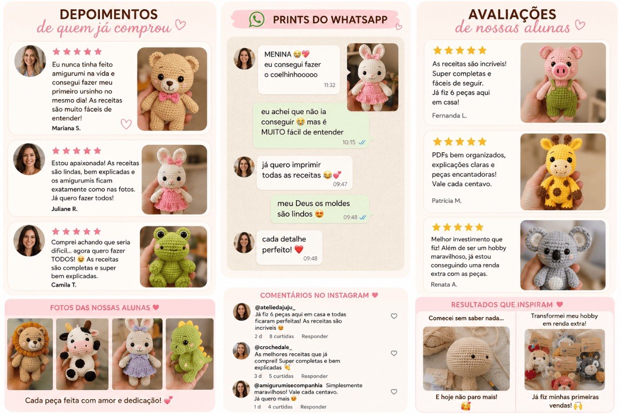 Prints de avaliações, mensagens de WhatsApp e comentários de clientes